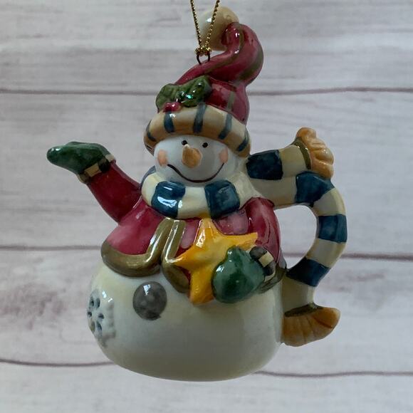 Ceramic Snowman Teapot Christmas Tree Ornament or Tabletop Decor 4" Tall - Picture 12 of 13